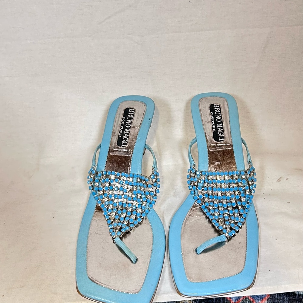 Vintage Y2K Bruno Magli Couture Aqua Rhinestone Kitten Heel Sandals Women's 7.5 - Picture 4 of 8
